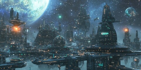 A city in a space-age environment, with advanced architecture, floating platforms, and interconnected tech systems, all under a cosmic sky