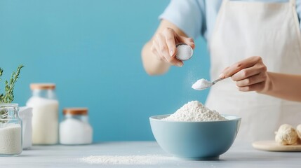 A person adding salt to a bowl of flour, showcasing culinary preparation in a bright, modern kitchen setting.