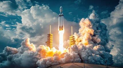 A rocket is launching into the sky, surrounded by clouds
