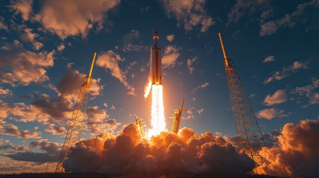 A rocket is launching into the sky, surrounded by clouds