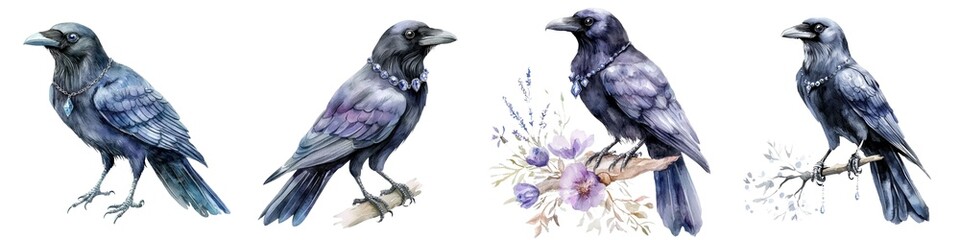 Fototapeta premium Elegant watercolor illustrations of crows adorned with delicate jewelry and surrounded by soft floral accents, blending natural beauty with fantasy