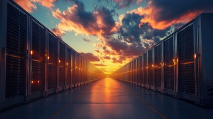 Obraz premium A long hallway with many computer servers