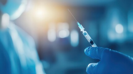 Close-up of a medical professional holding a syringe ready for vaccination procedure in a clinical environment.