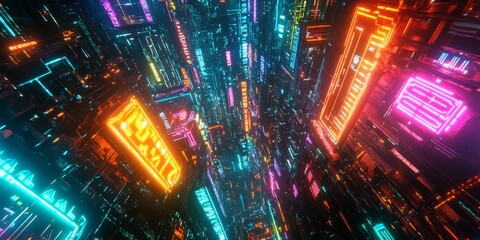 Close-up of glowing neon signs in a sci-fi city, featuring vibrant colors, advanced tech infrastructure, and a dark, moody backdrop