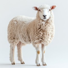 Fototapeta premium Portrait of a sheep full body standing front view 380 sheep, animal, lamb, farm, wool, white, mammal, grass, agriculture, cute, field, nature, livestock, green, ewe, portrait, face, farm animal, far