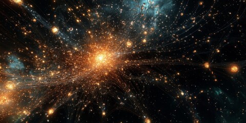 Fototapeta premium An array of stars in a cluster, each orbited by tiny drones emitting data, capturing the essence of futuristic space technology