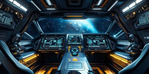 Detailed view of a futuristic spacecraft's cockpit, with digital displays, advanced controls, and a panoramic view of the galaxy