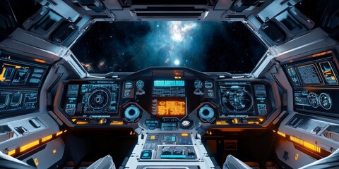 Fototapeta premium Detailed view of a futuristic spacecraft's cockpit, with digital displays, advanced controls, and a panoramic view of the galaxy