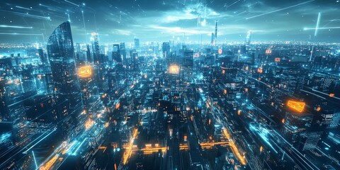 Close-up of a high-tech city under a neon horizon, with advanced infrastructure, dynamic transportation systems, and a glowing skyline