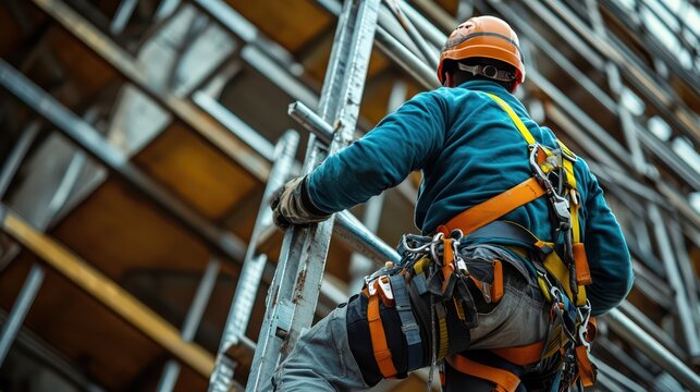 A Worker in a safety harness on a high scaffold, securing beams on a tall structure, focusing on safety in construction.