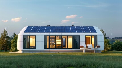 Obraz premium Solar-powered smart home with voice-controlled environments, reflecting the intersection of sustainability and advanced technology, sci-fi, solar energy, sustainability