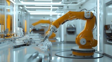 56. A futuristic facility with robotic arms handling toxic waste in a cleanroom environment