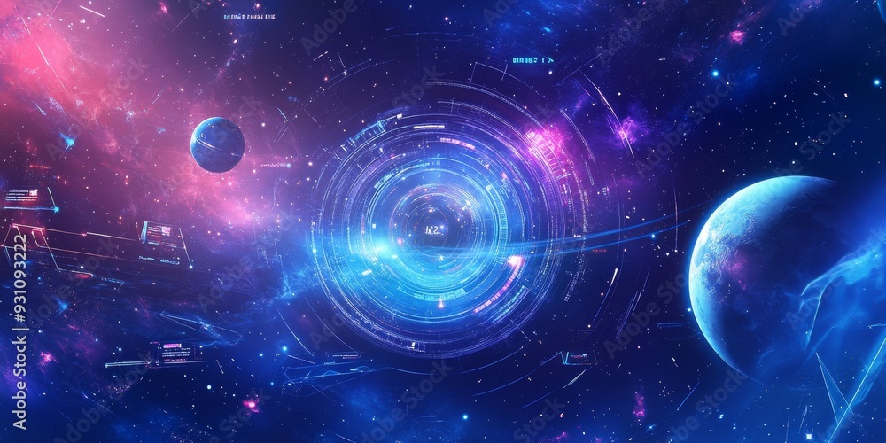 Poster A futuristic space-themed website layout with dynamic star backgrounds, interactive planet orbits, and glowing navigation buttons