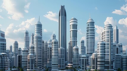 Obraz premium Advanced skyscrapers in a futuristic city, featuring AI-controlled climate systems, ensuring optimal comfort, futuristic city, skyscrapers, advanced technology