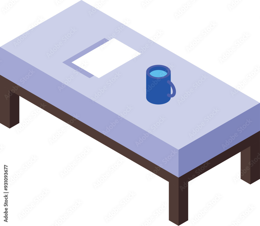 Poster this isometric icon of a table with a document and a cup is perfect for your design needs