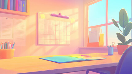 Obraz premium A serene workspace bathed in natural light, featuring a desk, calendar, and vibrant plant, ideal for creativity and productivity.
