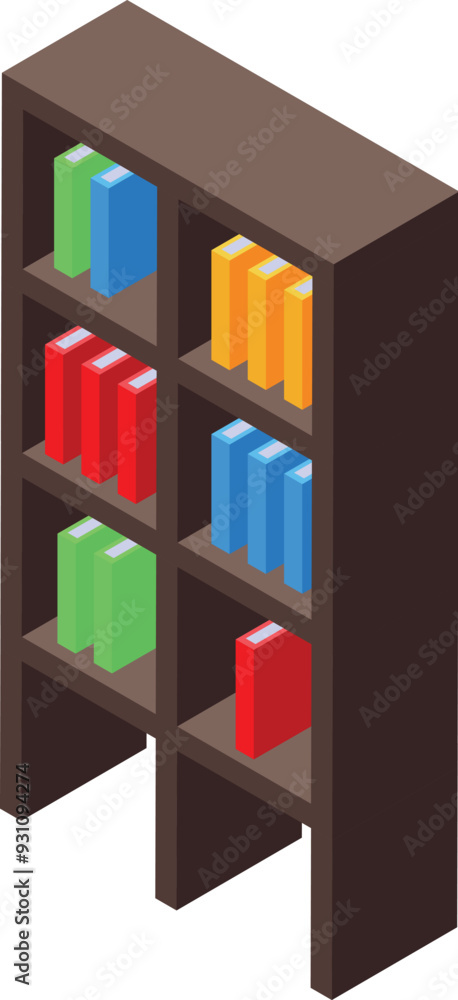 Poster tall dark bookshelf standing with colorful books in isometric view