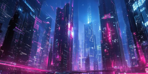 Fototapeta premium Close-up of a high-tech cityscape, featuring glowing skyscrapers, automated transport systems, and advanced energy grids under a neon sky