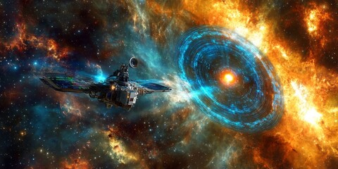 Fototapeta premium Advanced probes analyzing a distant pulsar, with holographic interfaces displaying cosmic data, set against a vivid stellar background
