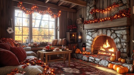 Fototapeta premium Cozy Rustic Living Room Decorated for Autumn with Warm Fireplace and Pumpkins