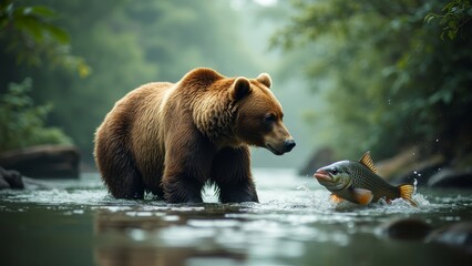 Obraz premium Majestic Bear Hunting in a Serene Forest Rive