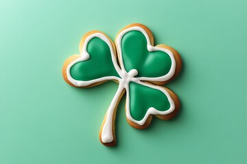 Tasty gingerbread cookie in shape of clover leaf for St. Patrick's Day celebration isolated on white backgroun