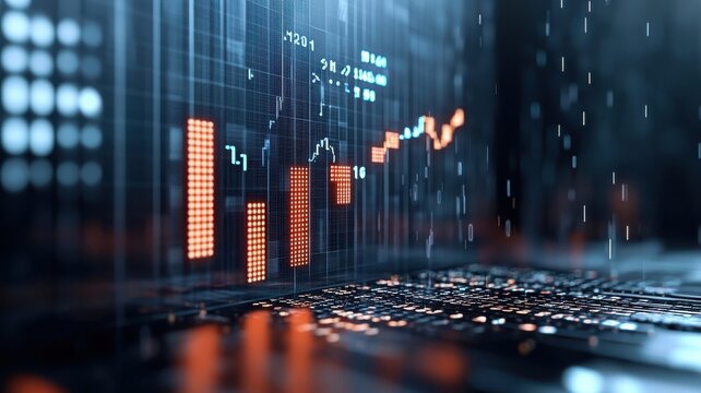 A 3D bar graph representing sales figures, set against a futuristic backdrop of binary code and digital rain.