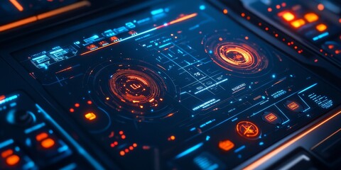 Obraz premium Close-up of a digital control panel with advanced holographic buttons, real-time space data, and interactive celestial mapping tools