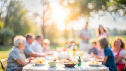 Blurred background of a family reunion picnic with tables, food, and activities.

