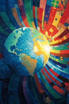 Flags from all nations forming a circle around the planet, with hands reaching out to connect The scene is vibrant and hopeful, Generative AI 