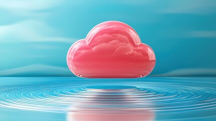 A vibrant pink cloud reflects on tranquil water, creating serene ripples and a calming atmosphere in a digital landscape.