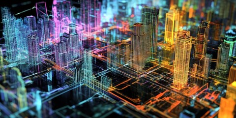 Obraz premium Advanced interface for managing urban development, with holographic overlays, live infrastructure data, and interactive design tools