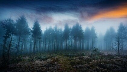 Fototapeta premium dark forest with fog and beautiful colors