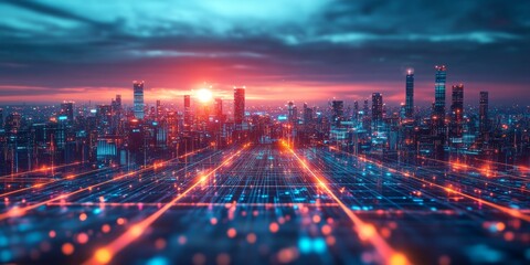 Fototapeta premium Close-up of a futuristic landscape with advanced infrastructure, smart energy grids, and glowing skyscrapers under a vibrant horizon