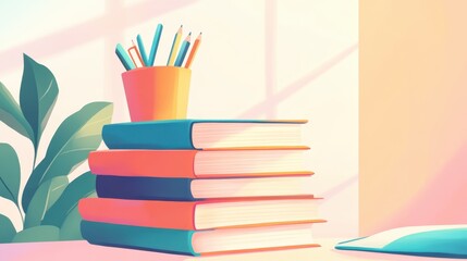 Fototapeta premium A vibrant workspace with stacked books, colorful pens in a pot, and a plant, ideal for educational or creative projects.