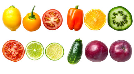 Obraz premium Vibrant Assortment of Colorful Fruits and Vegetables on Plain White Background Transparent PNG 