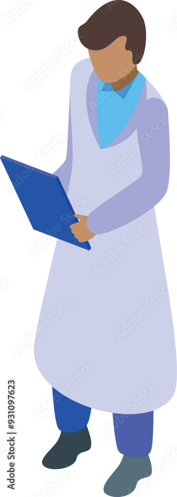 Poster scientist is standing and looking at a clipboard with data in this isometric illustration