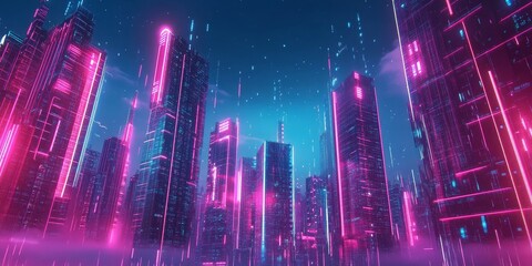 Obraz premium High-tech urban environment with interconnected towers, automated systems, and dynamic energy grids, glowing under a neon-lit sky