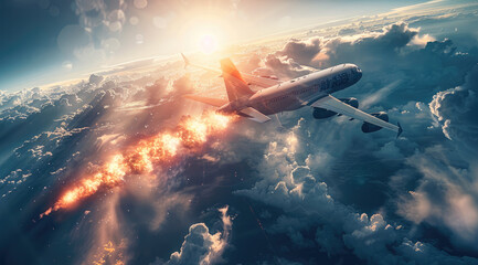 Naklejka premium Airplane being hit by a missile on the sky. Generative AI.