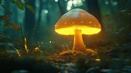 A glowing mushroom in the forest, its luminescent cap illuminating the surroundings with a soft light.