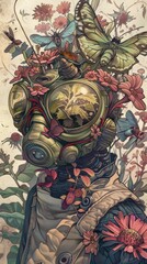 Fototapeta premium A surreal illustration of a person wearing a helmet with flowers and butterflies growing out of it.