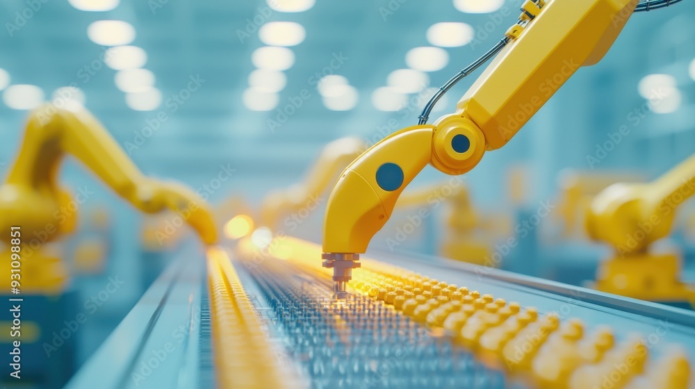 Poster close-up of an industrial robotic arm assembling components on a production line in a modern factory