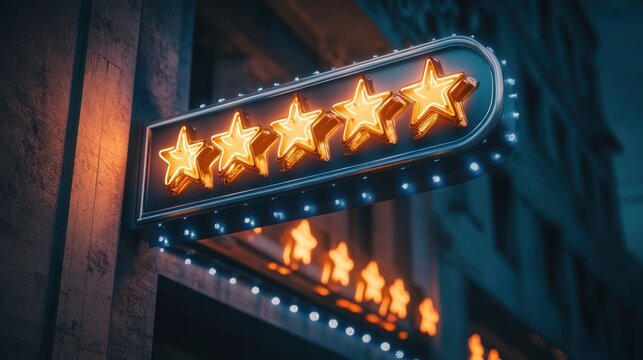 Shiny hotel sign with five stars glowing brightly against a dark background. A glamorous and inviting scene representing luxury accommodation.