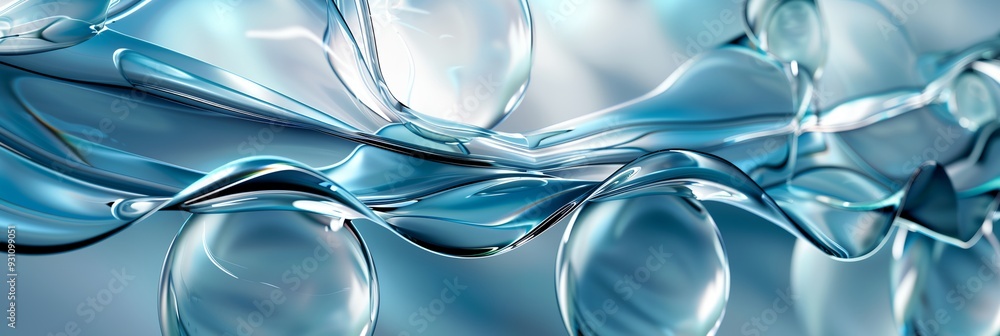 Poster a series of blue and clear spheres are arranged in a line. concept of fluidity and movement, as if t