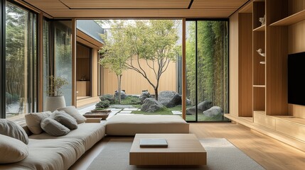 A bright, minimalist living room with large glass walls, a green courtyard, and simple, comfortable furnishings creating a serene atmosphere.