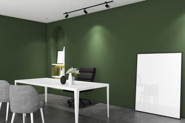 Fototapeta premium 3d render of wall mockup office room. Minimal interior design with niche book shelves. Gray cement floor, green wall and white ceiling. Set 34