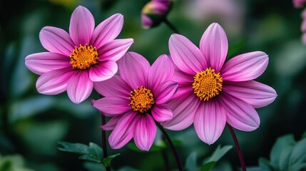Obraz premium Trio of pink flowers gently leaning towards each other, showcasing their vibrant petals.