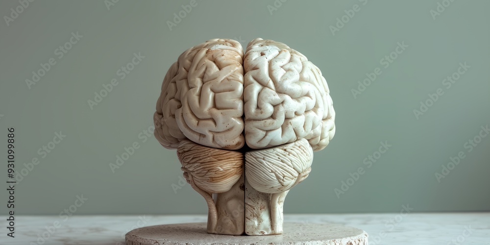 Poster a white brain model is sitting on a table. the brain is divided into two halves, with the left side 