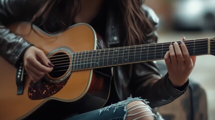 Obraz premium Close-up of a person skillfully strumming an acoustic guitar, fingers deftly pressing the frets, capturing a moment of musical expression in a casual setting.