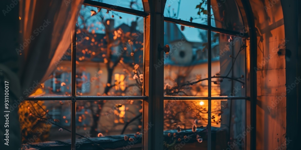Poster a window with a curtain drawn and a view of a house with a tree in the background. the light is dim 